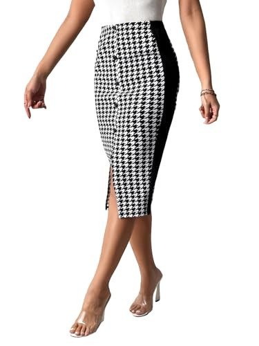 SweatyRocks Women's Houndstooth High Waist Pencil Skirt Button Front Split Bodycon Midi Skirts White Black M | Amazon (US)