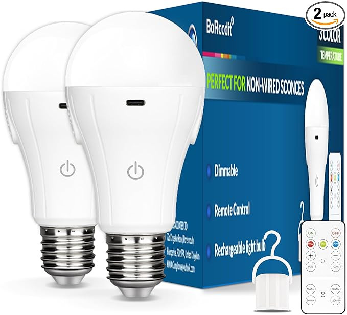 CordlessGlow Battery Operated Light Bulb with Remote，3 Colors + Dimmable + Touch Control Rechar... | Amazon (US)