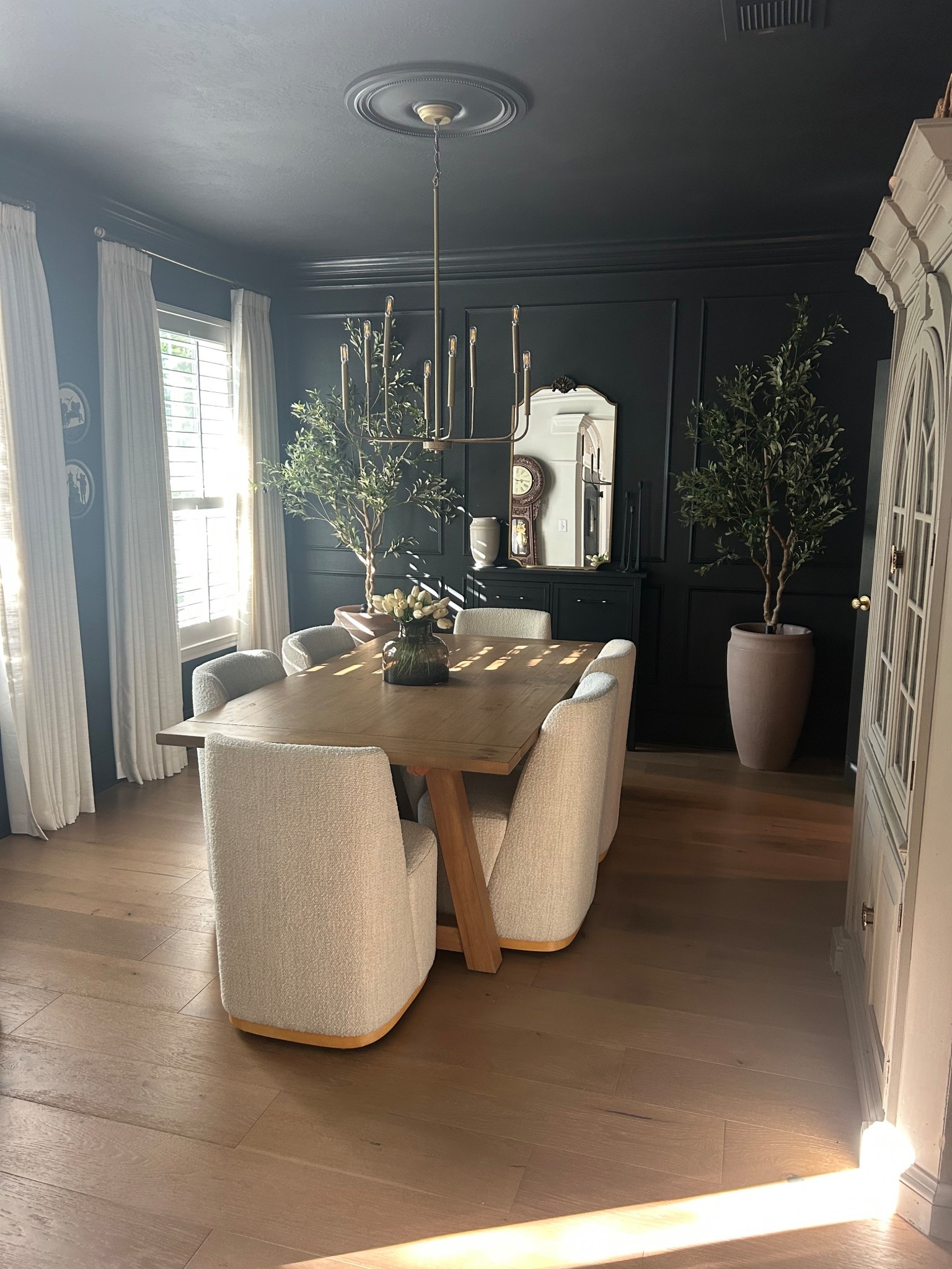 Hazy morning light 




dining room
black dining room
dining chairs
Brass chandelier 
Dining light
Dining table
Curtains
Tree
Large planter
