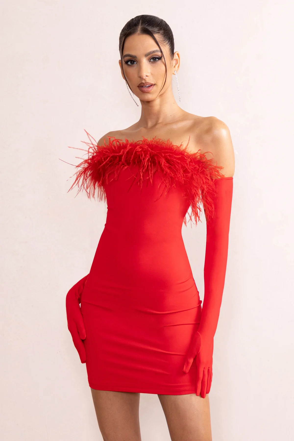 Stop The Show | Red Feather Trim Strapless Bodycon Mini Dress | Club L London