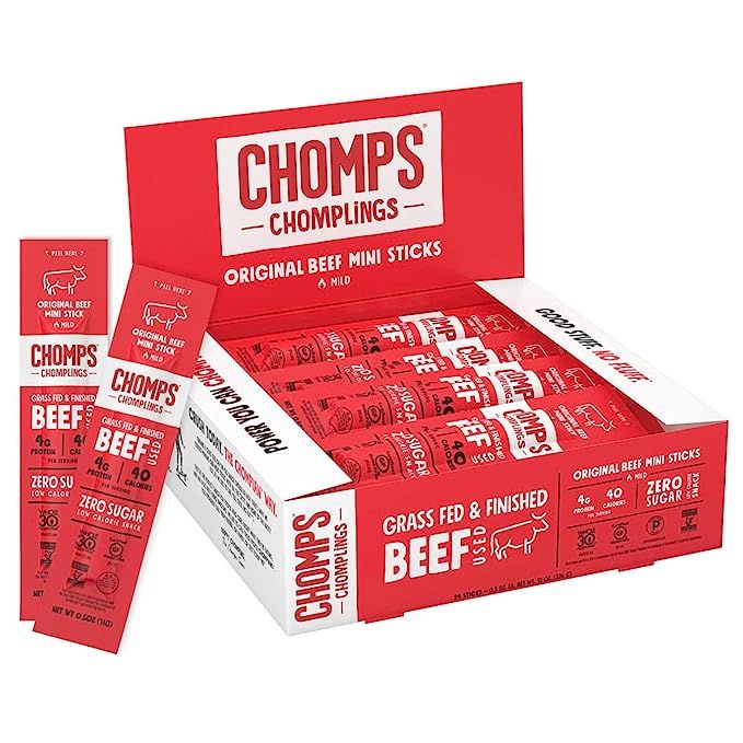 CHOMPS MINI Grass Fed Beef Jerky Meat Snack Sticks, Keto, Paleo, Whole30 Approved, Sugar Free, Lo... | Amazon (US)