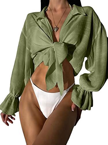 Verdusa Women's Flounce Sleeve Knot Front Swimsuit Cover Up Kimono Cardigan Top | Amazon (US)