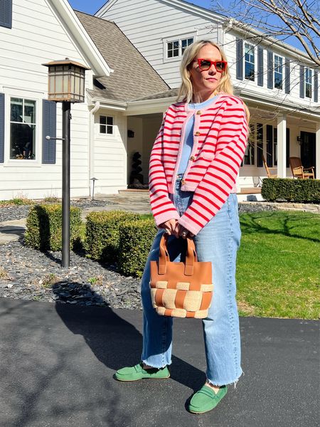 Spring everyday casual outfit - rothy green drivers, madewell cropped denim pant, target $8 layering tank in light blue, English factory stripe cardigan, tuckernuck leather and raffia bag, red sunglasses 
More everyday outfits on CLAIRELATELY.com 👉🏼

#LTKfindsunder50 #LTKworkwear #LTKover40