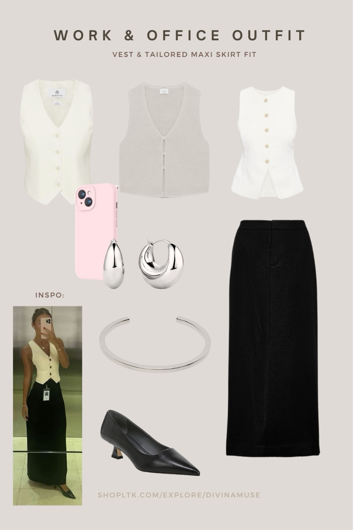 Vest and long maxi black skirt outfit for workwear. I found 3 vests inspired by this fit that ranges from a high neck button up vest, to a knitted vest that is more comfortable and flowy, to a regular, button up white vest, adding a margiela sale bangle from SSENSE, comfy point toe kitten heels for work, a pink phone case to throw off the neutrals, and duh, chunky silver earrings (or gold). 

#LTKSaleAlert #LTKStyleTip #LTKWorkwear