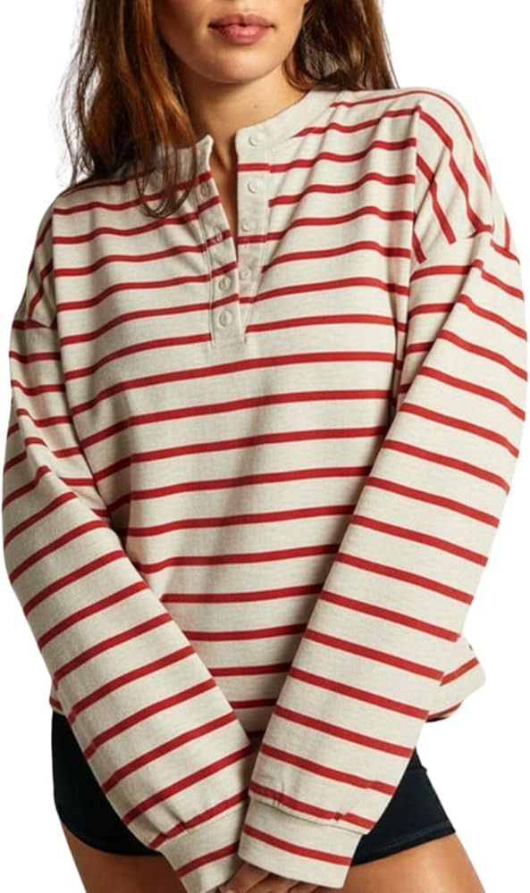 Almere Oversized Cotton Henley Longsleeve Tee, Striped Button Down, Boyfriend Fit | Amazon (US)