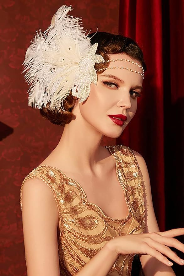 BABEYOND Art Deco 1920s Flapper Headpiece Roaring 20s Great Gatsby Feather Headband 1920s Flapper... | Amazon (US)