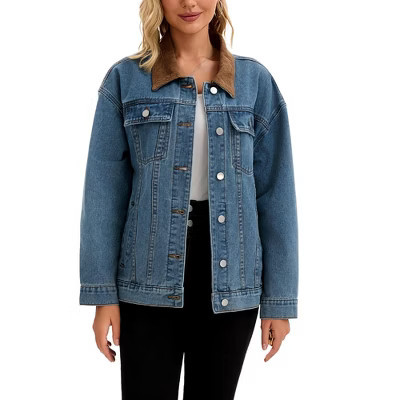 INSPIRE CHIC Women's Denim Corduroy Collar Long Sleeves Button Down Western Shacket Jean Jackets Gray Blue Medium | Target
