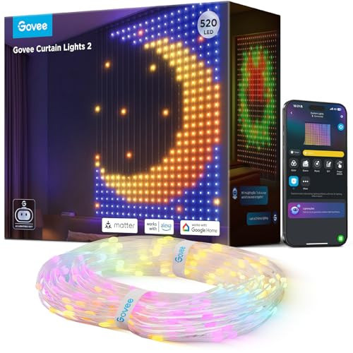 Govee Curtain Lights 2, 520 LEDs, Smart LED Curtain Light with DIY GIF AIGC, Non-Splicable, RGBIC Color Changing Holiday Lights for Indoor Outdoor Bedroom Window Decor, IP65 Waterproof, 4.9×6.6ft | Amazon (US)