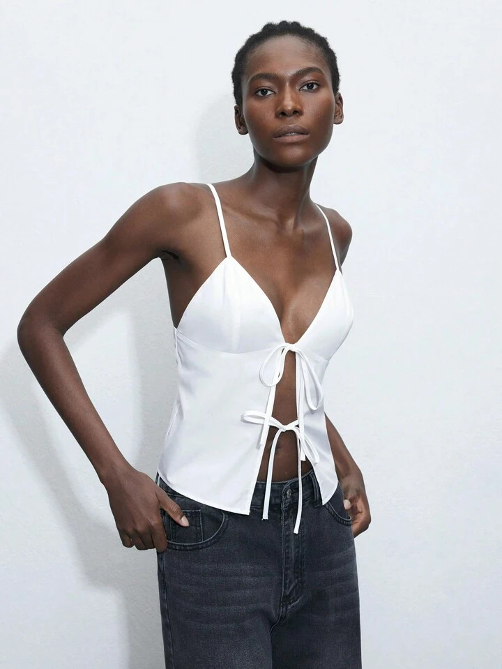 Maija Women's White French Bow Tie-Front Casual Top, Suitable For Graduation, Party, Beach & Vaca... | SHEIN