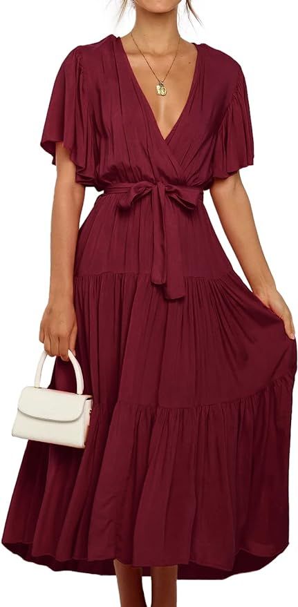SHIBEVER Chiffon Maxi Dress for Women V Neck Long Dresses with Waist Tie Casual Summer Dresses Fl... | Amazon (US)