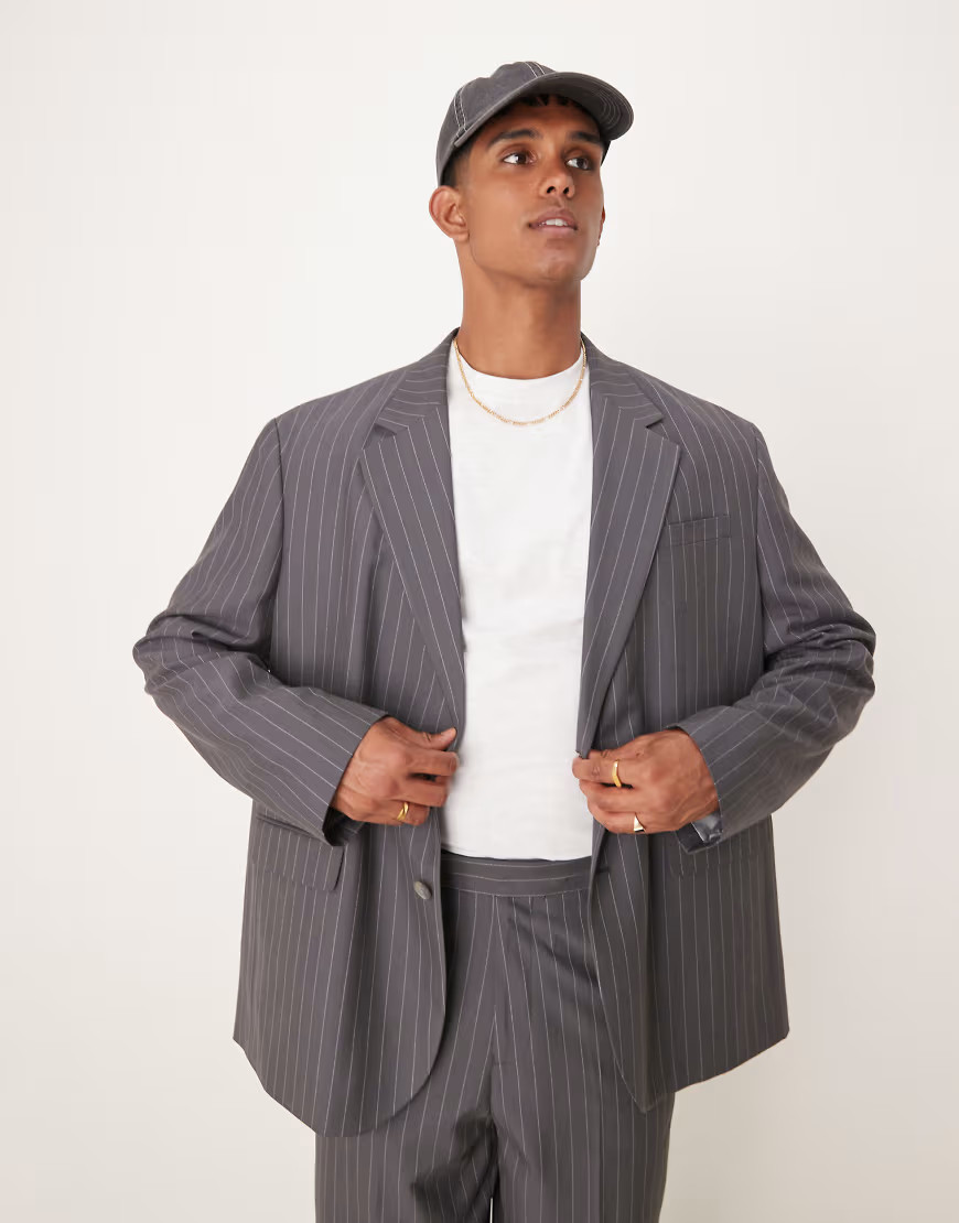 ASOS DESIGN oversized slouchy blazer in charcoal pin stripe-Grey | ASOS (Global)