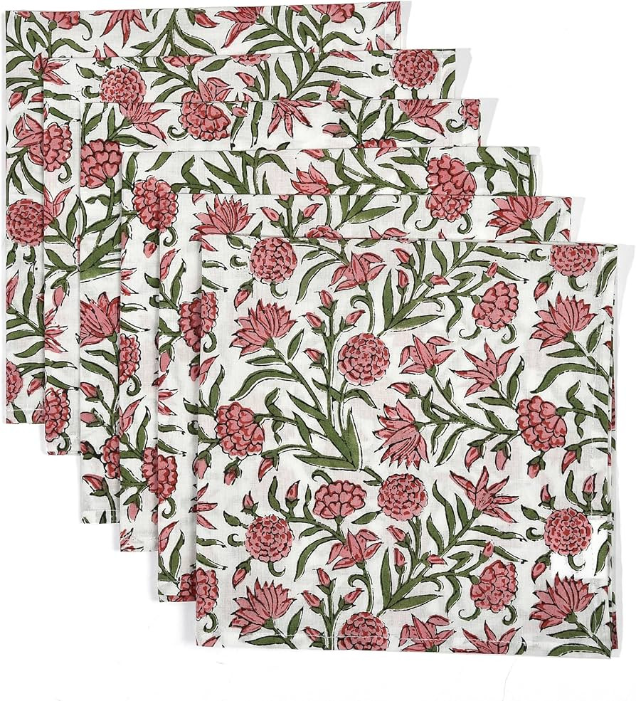 CPC Cloth Napkins 100% Cotton Set of 4 Reusable Napkins, Indian Block Print Toile Floral Dinner N... | Amazon (US)