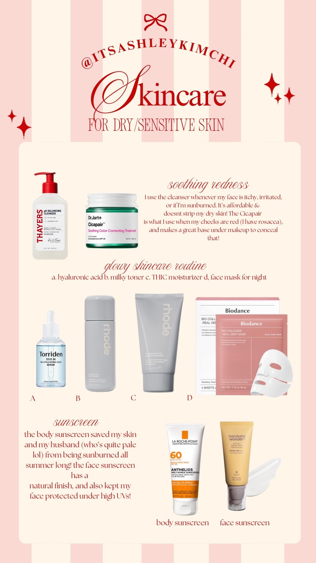skincare for dry/sensitive skin! i swear by all of these 🫡

skincare routine for dry skin, skincare for sensitive skin, glowy skincare routine, korean skincare, korean skincare for glass skin, korean sunscreen, skincare for redness 

#LTKFindsUnder50 #LTKBeauty