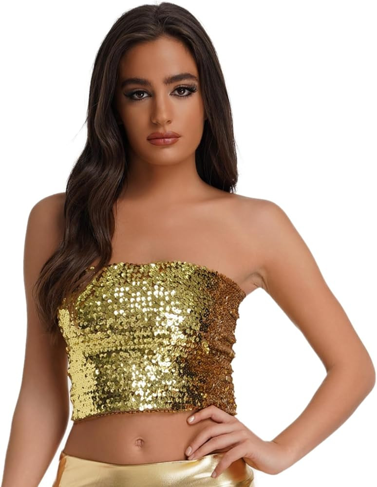 Women's Sparkly Sequin Tube Top, Strapless Stretchy Sleeveless Crop Top Metallic Clubwear for Par... | Amazon (US)