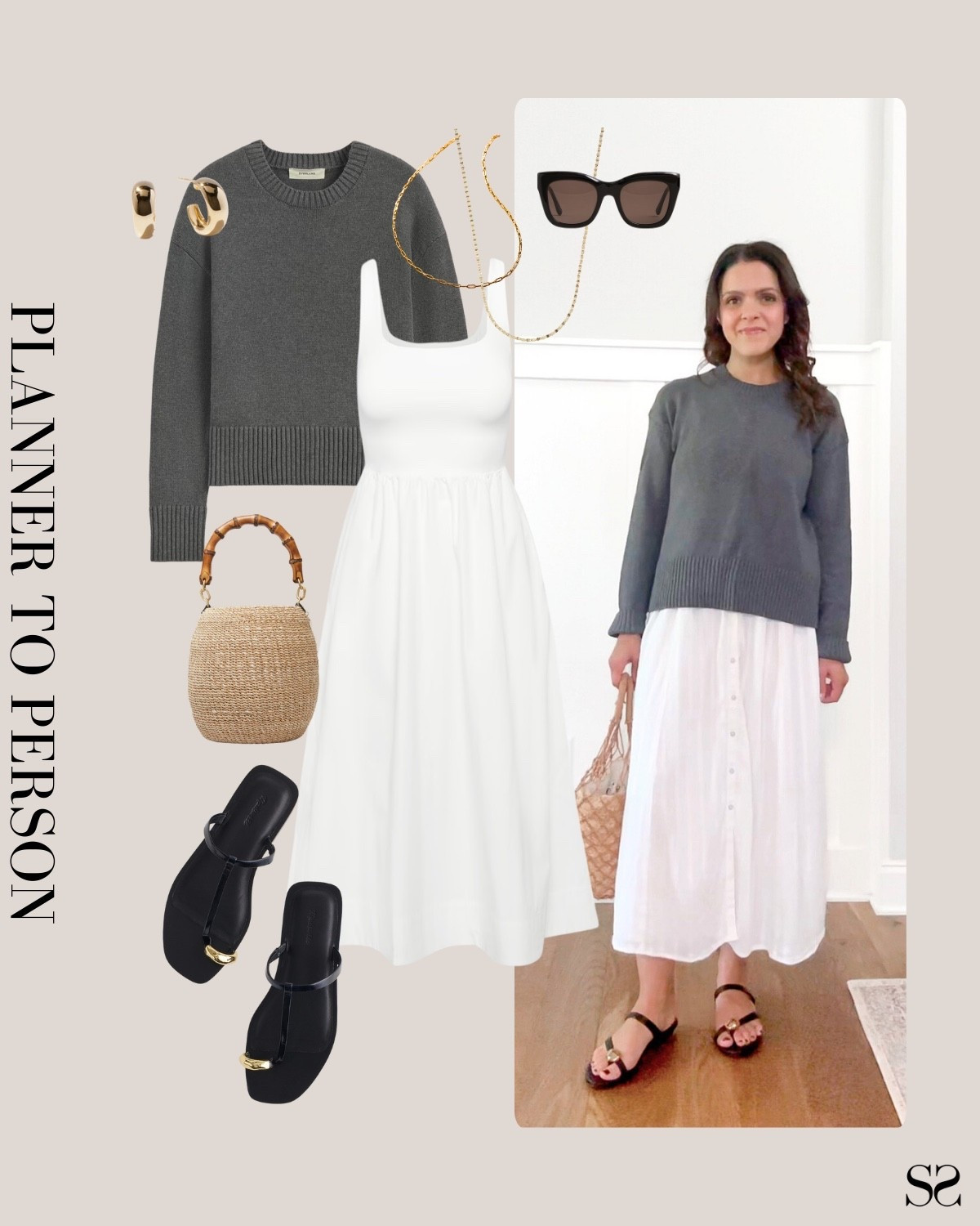 Planner to person | Monthly outfit planner AUGUST: Summer looks, pin to planner outfit inspo | white dress, crewneck sweater, black open toe sandals 

#summeroutfit #casualstyle 


#LTKStyleTip #LTKSeasonal