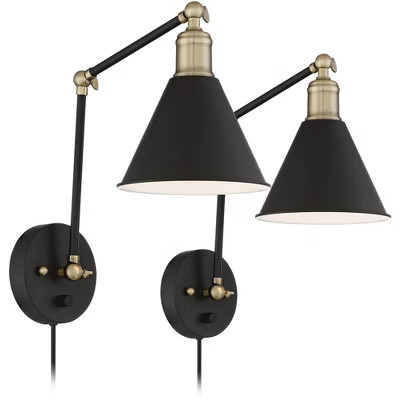 360 Lighting Modern Wall Lamp Plug-In Set of 2 Black and Antique Brass for Bedroom Reading Living... | Target