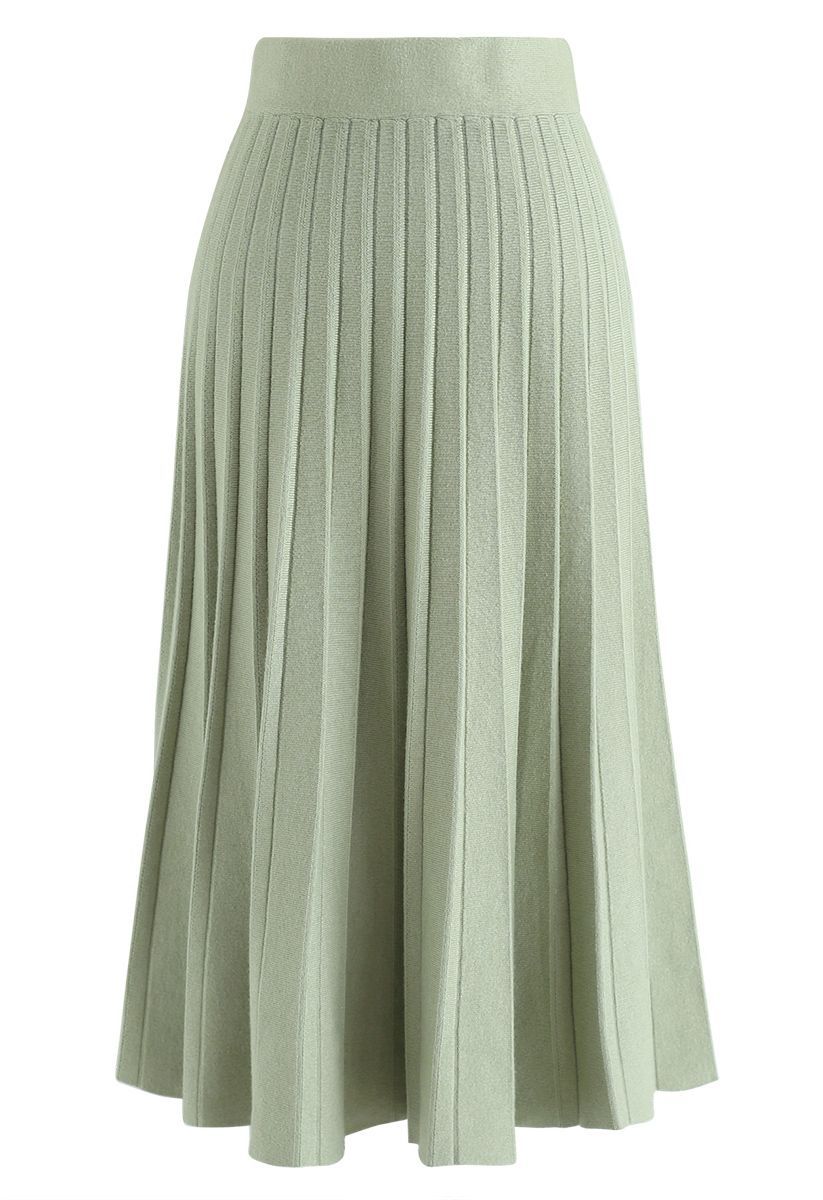 A-Line Pleated Knit Midi Skirt in Pea Green | Chicwish