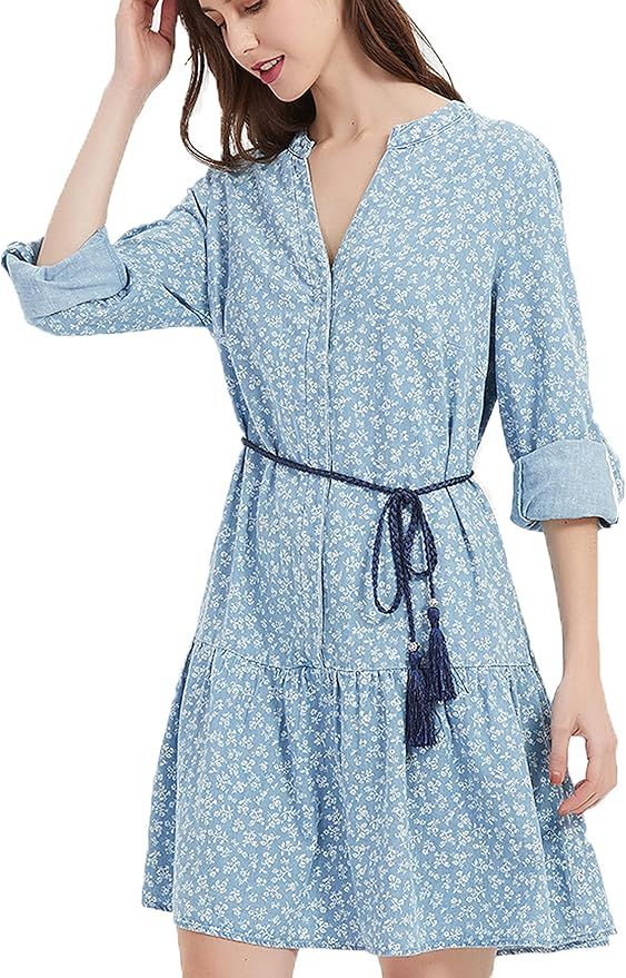 COMFY ONE Womens Demin Long Sleeve Dress V-Neck 3/4 Sleeve Oversize Knee Length Tencel Jean Dress | Amazon (US)