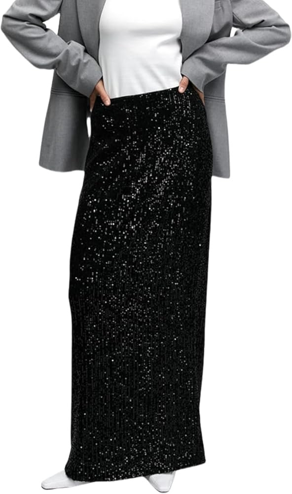 Women's Shiny Sparkly Sequin Maxi Skirt Sexy Glitter High Waist Stretchy Long Skirts Night Out Bo... | Amazon (US)