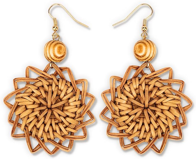 Boho Rattan Earrings for Women Girls Dangling Handmade Wooden Bead Wicker Straw Statement Earring... | Amazon (US)