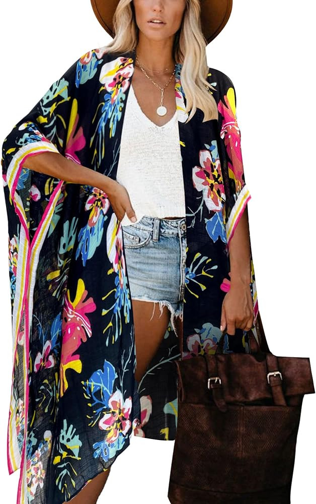 Moss Rose Women's Beach Cover up Swimsuit Kimono with Bohemian Floral Print, Loose Casual Resort ... | Amazon (US)
