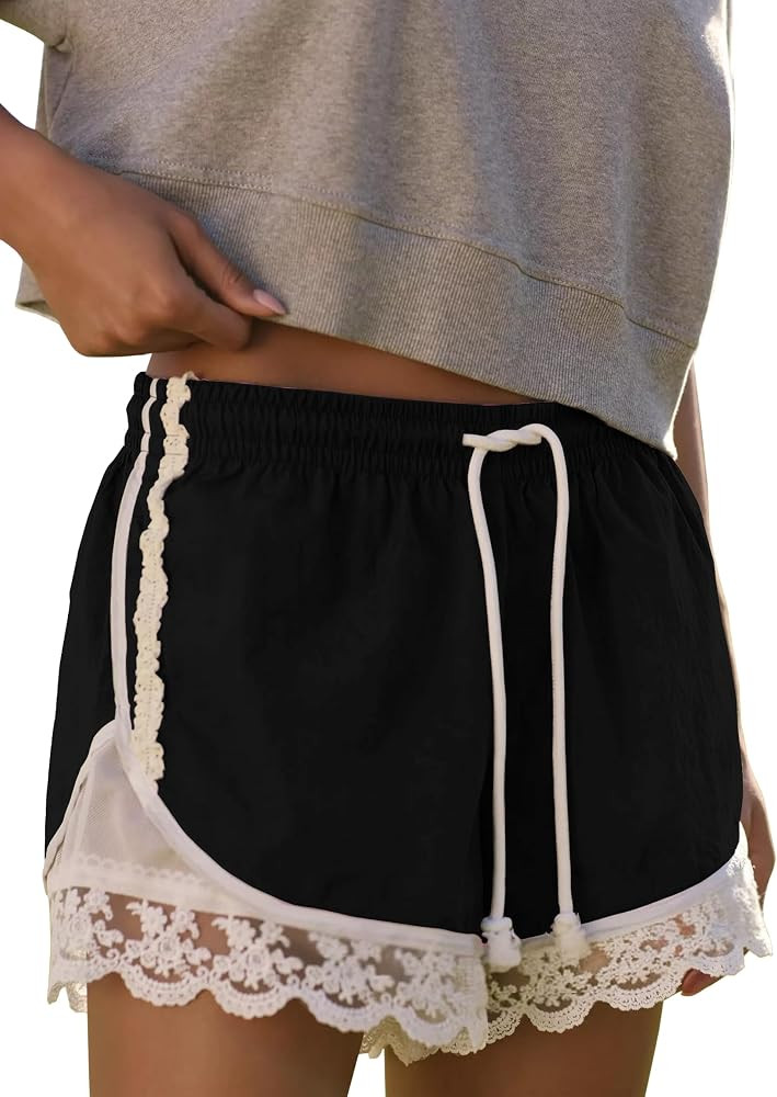 Womens Lace Trim Drawstring Shorts Casual Elasticated Summer Y2K Beach Bottoms Athletic Shorts | Amazon (US)