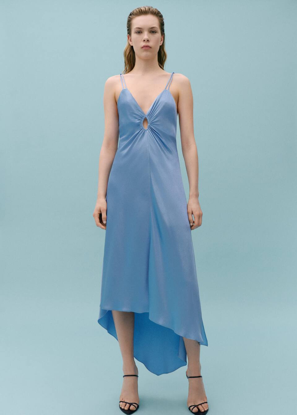 Asymmetrical satin dress with gathered opening -  Women | Mango United Kingdom | MANGO (UK)