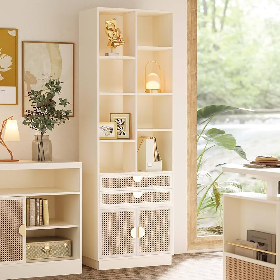 Wood Bookcase with 2 Drawers and Doors, 8 Storage Cubes, Tall Bookshelf, Modern Bookcase, Wooden ... | Amazon (US)