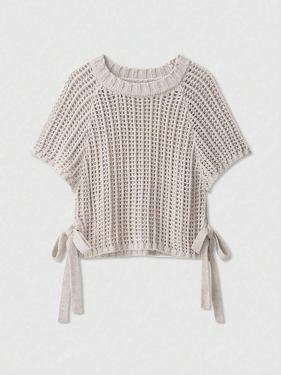 Women Side Tie Up Loose Knit Hollow Out Round Neck Short Sleeve Sweater Top | SHEIN
