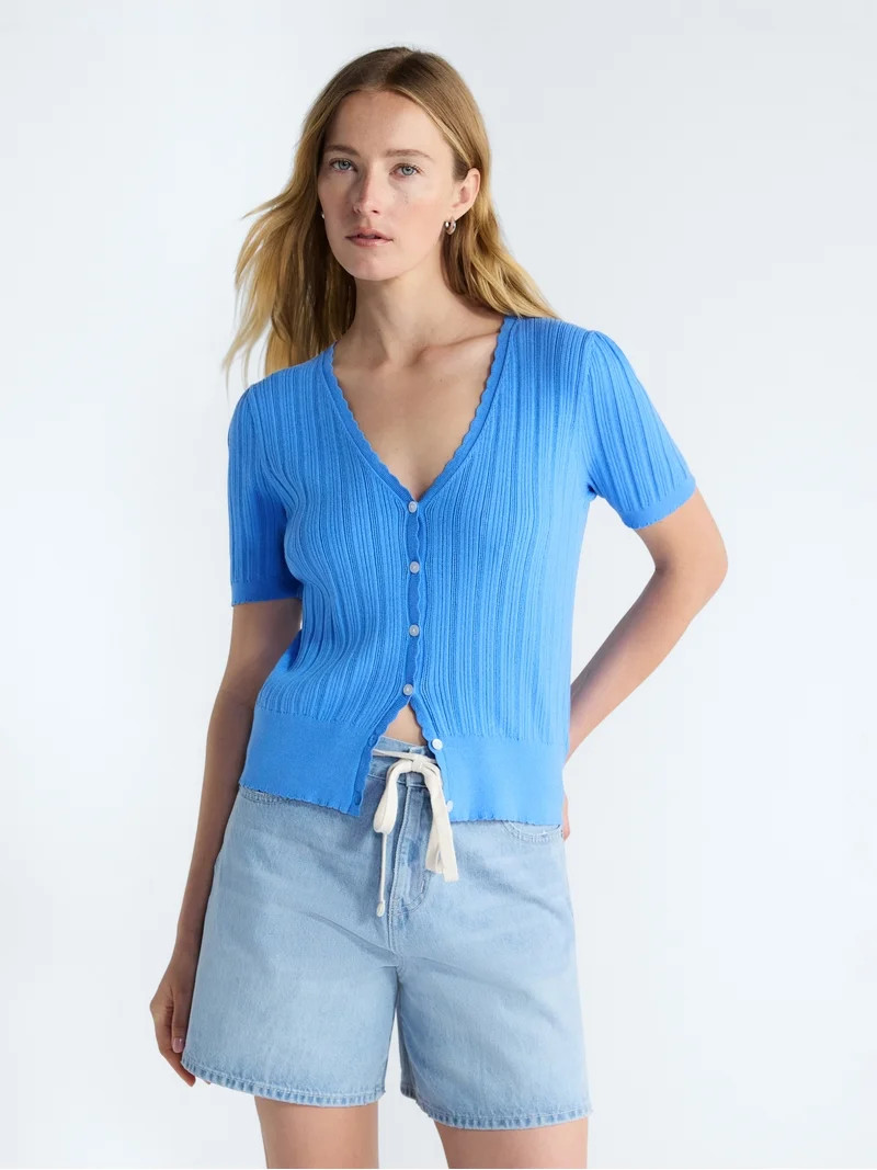 Free Assembly Women's Pointelle Cardigan Sweater with Short Sleeves, Lightweight, Sizes XS-XXL | Walmart (US)