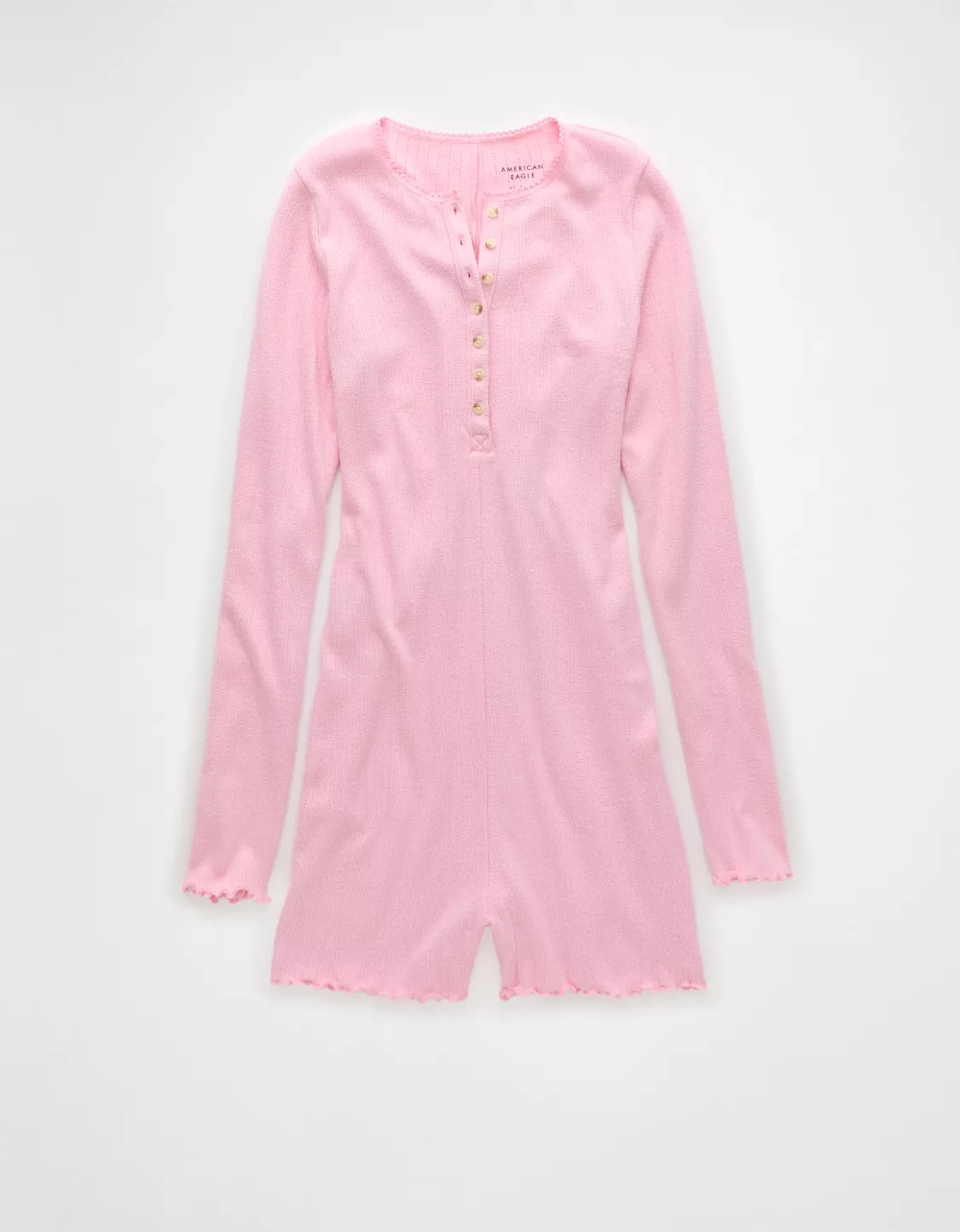 AE Long-Sleeve Lettuce Edge Lounge Romper | American Eagle Outfitters (US & CA)
