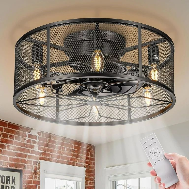 NookNova 18'' Black Farmhouse Caged Ceiling Fan with Lights and Remote, Flush Mount Low Profile C... | Walmart (US)