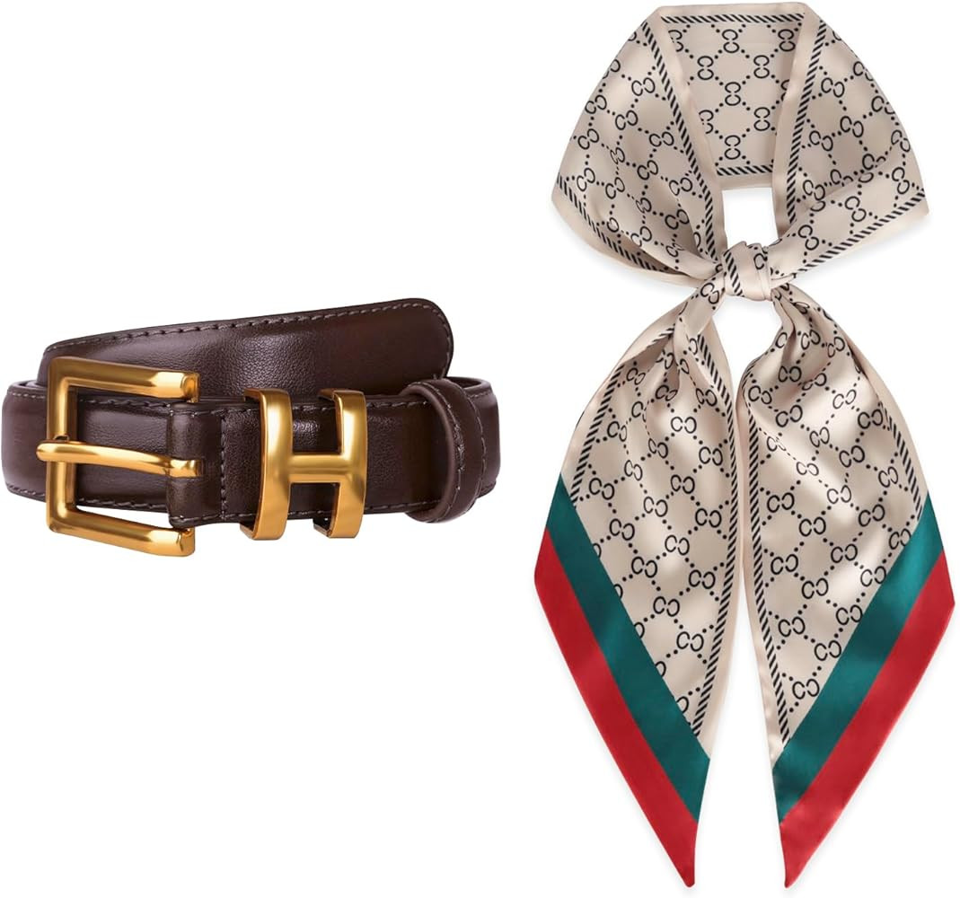 Women's Leather Belt&Aurolran 59" Mulberry Silk Like Head Scarf | Amazon (US)