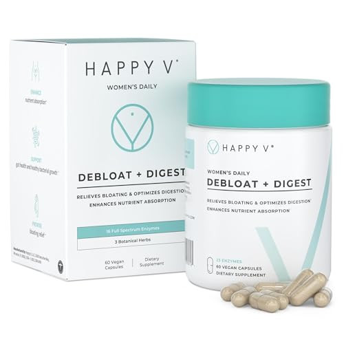 Happy V Debloat + Digest – Digestive Enzymes for Women to Support Bloating, Gas, Constipation, Gut Health, and Nutrient Absorption – Stomach Comfort & Digestion Support Supplement – 60 Vegan Capsules | Amazon (US)