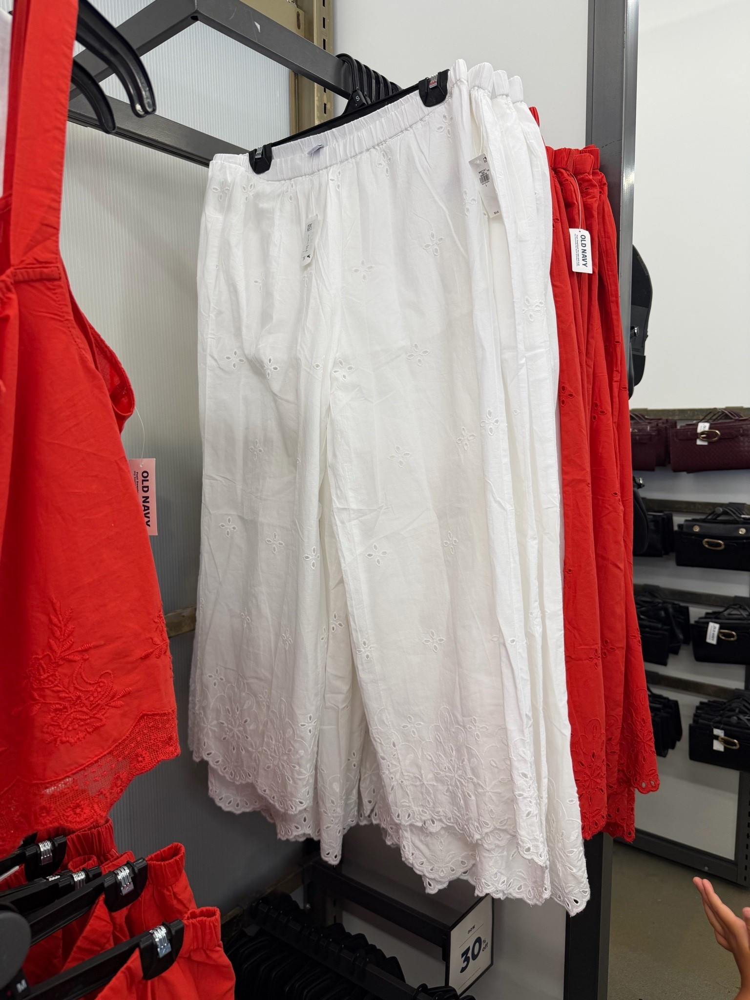 100% cotton eyelet pants, come in 2 colors! They are lined just to a short length. The white looks less sheer in person than online!