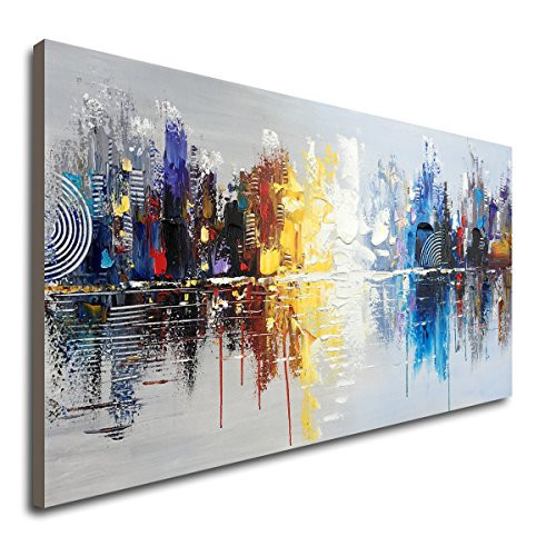 Large Hand Painted Abstract Reflection Cityscape Canvas Wall Art Modern Oil Painting Contemporary Decor Artwork (60 x 30 inch) | Amazon (US)