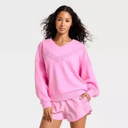 Women's Crochet Trim V-Neck Sweatshirt - JoyLab™ Pink S | Target