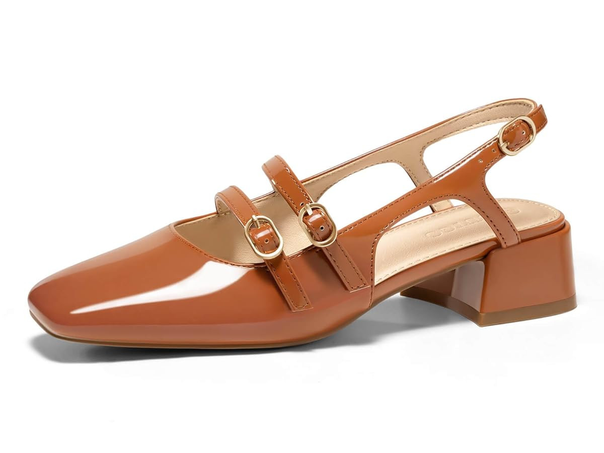 Coutgo Womens Mary Jane Chunky Low Heels Slingback Pumps Closed Square Toe Wedding Dress Shoes | Amazon (US)