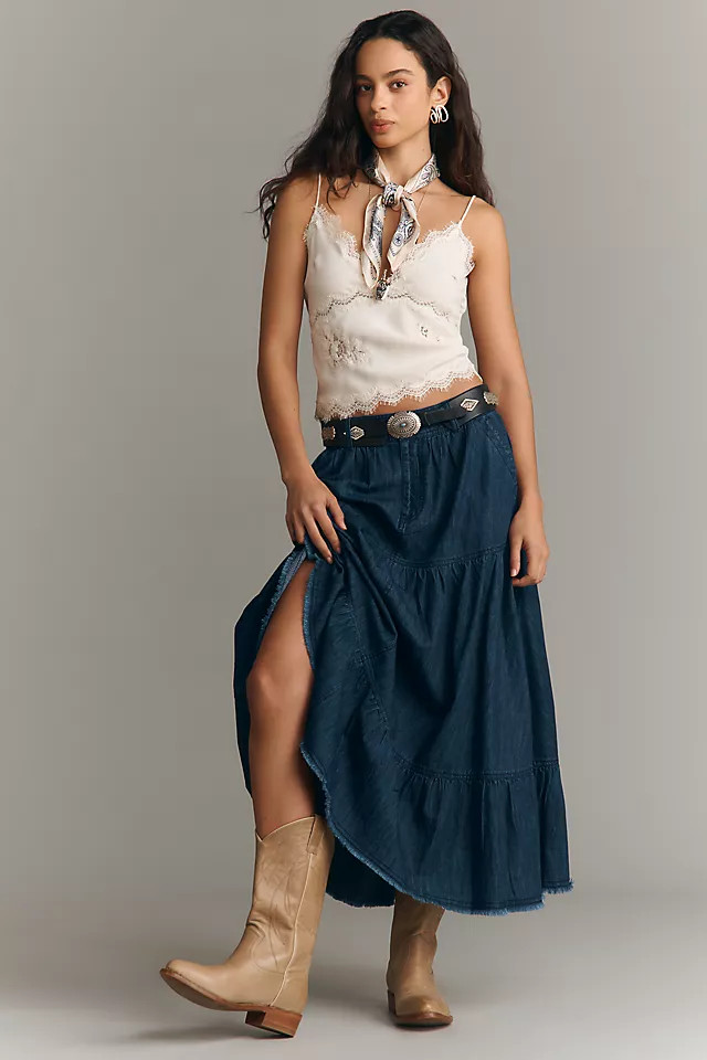 100% Cotton Denim Tiered Midi Skirt | Anthropologie (US)