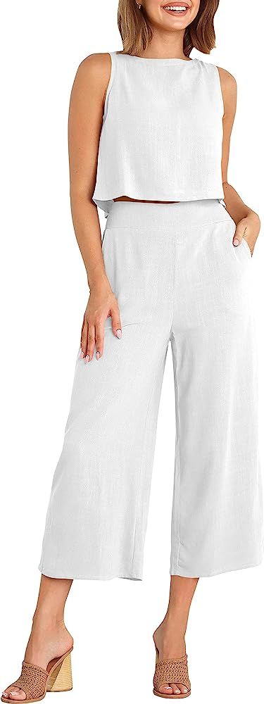 Prinbara Women's Summer Casual 2 Piece Outfits Round Neck Crop Basic Top Cropped Wide Leg Pants Jump | Amazon (US)