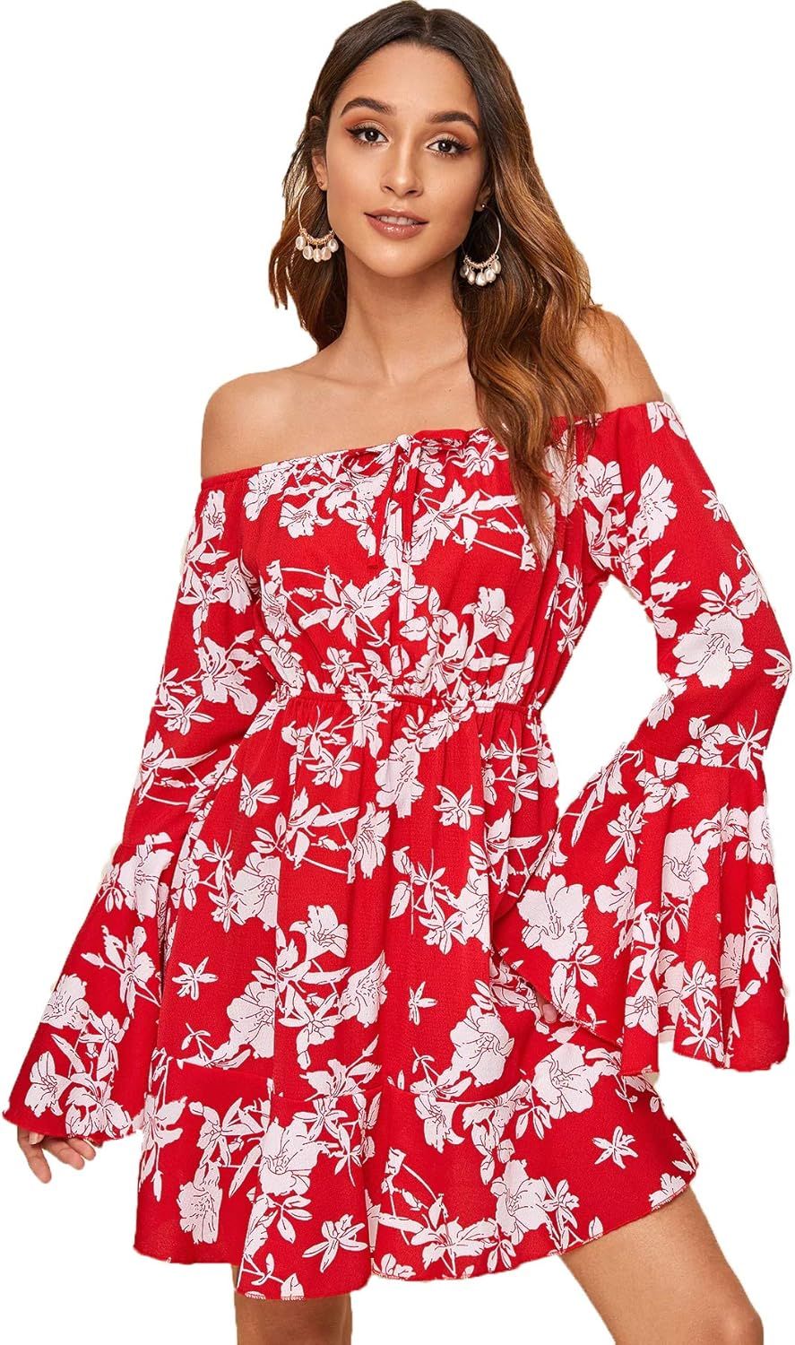 Romwe Women's Casual Floral Print Off Shoulder Trumpet Sleeve Swing Dress | Amazon (US)