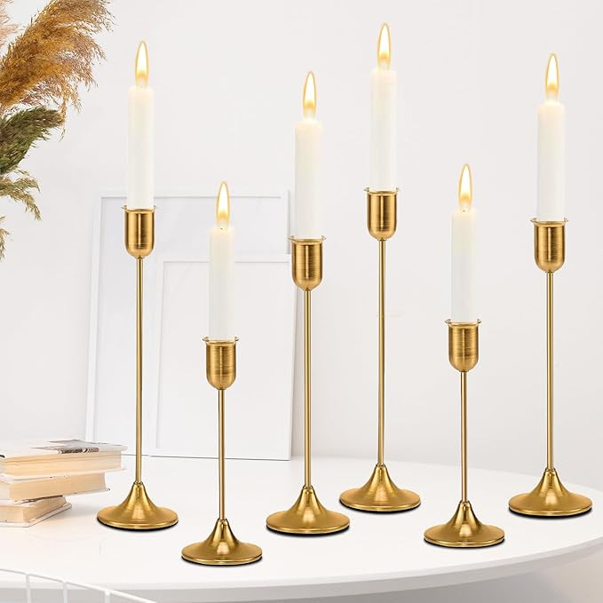 6 Pcs Brass Gold Candle Holders Set, Candelabra Tall Candle Stand, Metal Taper Candlestick Holder... | Amazon (US)