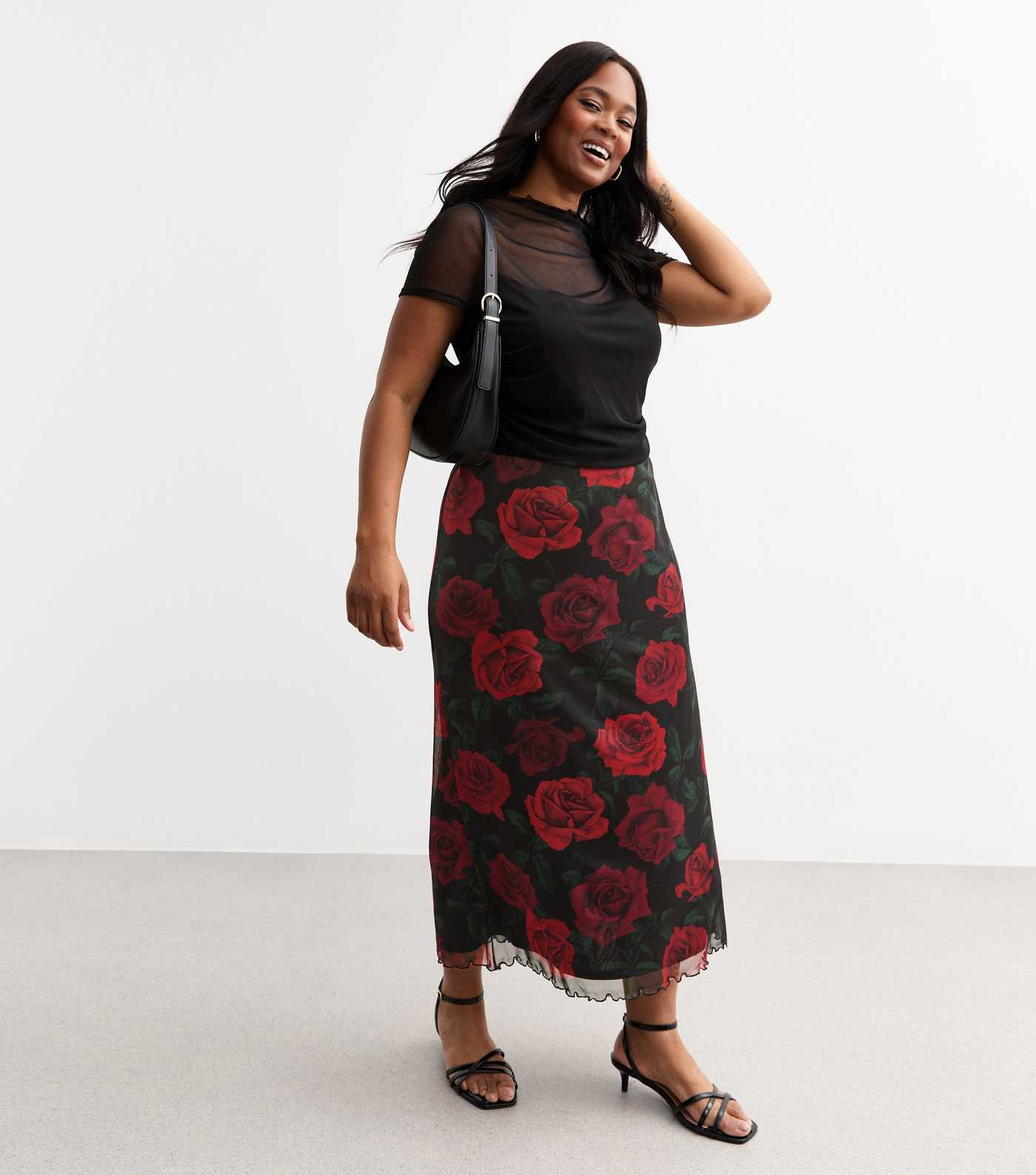 Curves Red Rose Print Mesh Midi Skirt | New Look | New Look (UK)