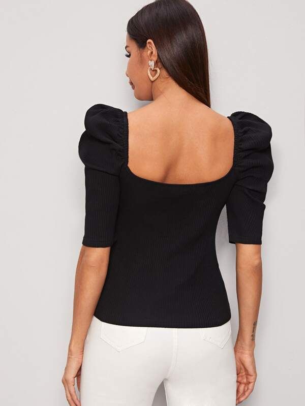 SHEIN Square Neck Puff Sleeve Rib-knit Top | SHEIN