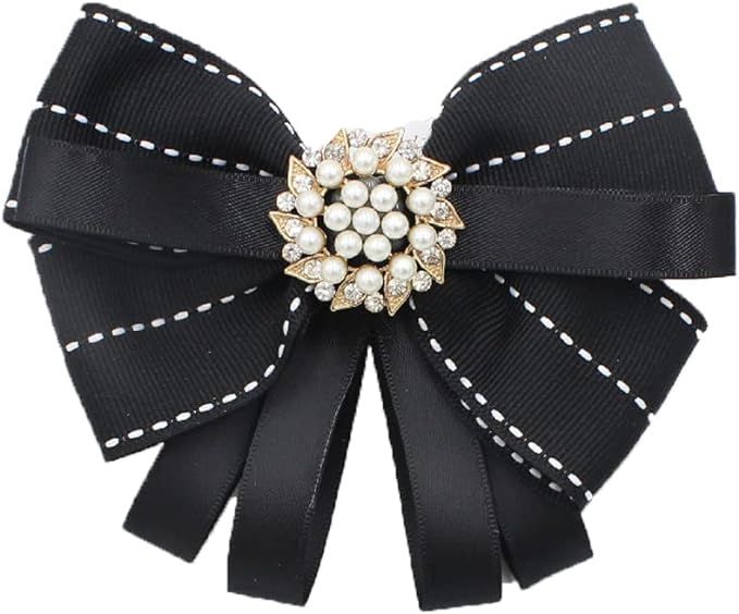 FASELE Pearl Bow Brooch Pre Tied Neck Tie Brooch Pin Clip Ribbon Plaid Bow Tie for Women Wedding ... | Amazon (US)