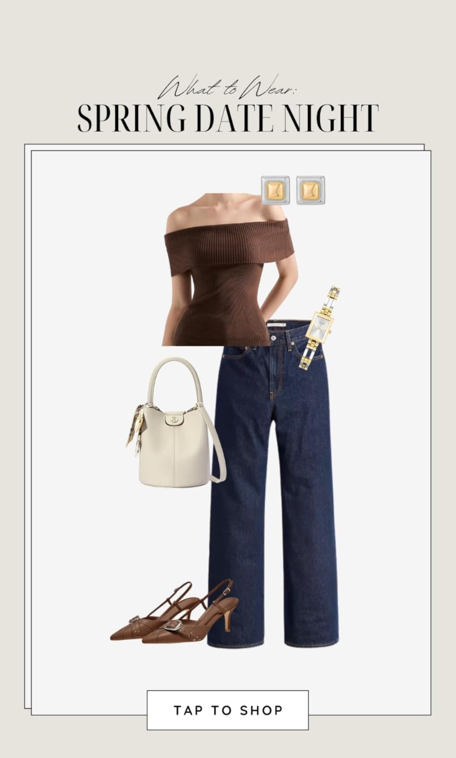 Spring Date Night Outfit ✨ Chic Off-Shoulder Top + Jeans Outfit for Effortless Evening Style 🤎 This elevated yet easy look pairs a flattering off-shoulder knit top with classic denim, kitten heels, and timeless accessories for the perfect date night outfit. Ideal for spring evenings, dinner dates, or casual nights out, this outfit blends feminine style with everyday pieces for a polished feel. Save this for date night outfit ideas, spring outfit inspo, and chic everyday looks. #datenightoutfit #springstyle #outfitinspo #casualchic #everydaystyle #denimoutfit #fashioninspo #ltkstyle