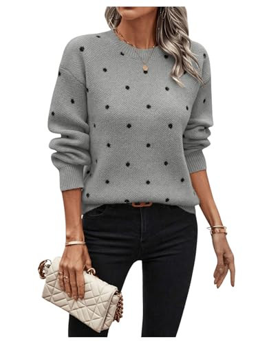 MakeMeChic Women's Polka Dots Sweaters Long Sleeve Fall Sweater Round Neck Knitted Tops Grey Small | Amazon (US)