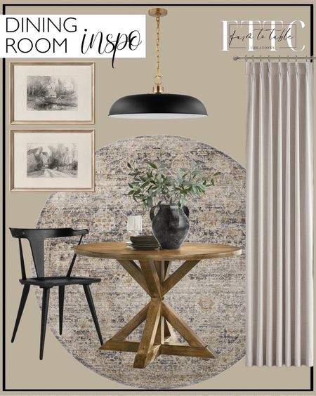 Dining Room Inspo. Follow @farmtotablecreations on Instagram for more inspiration.

Set of 2 Neutral Art Prints | PRINTABLE Gallery Wall Art Sketch | Earth Toned Drawings. Ebbert Round Solid Wood Base Dining Table. Jean Stoffer x Loloi Katherine Charcoal / Gold Area Rug. 1 Light Large Pendant in Mid-Century Modern Style. Agata Solid Wood Slat Back Dining Chair. Natural Linen Pinch Pleated Blackout Curtains & Drapes. Joshua Handcrafted Ceramic Vase. 39" Faux Eucalyptus Branch. 

#LTKsalealert #LTKhome #LTKfindsunder50