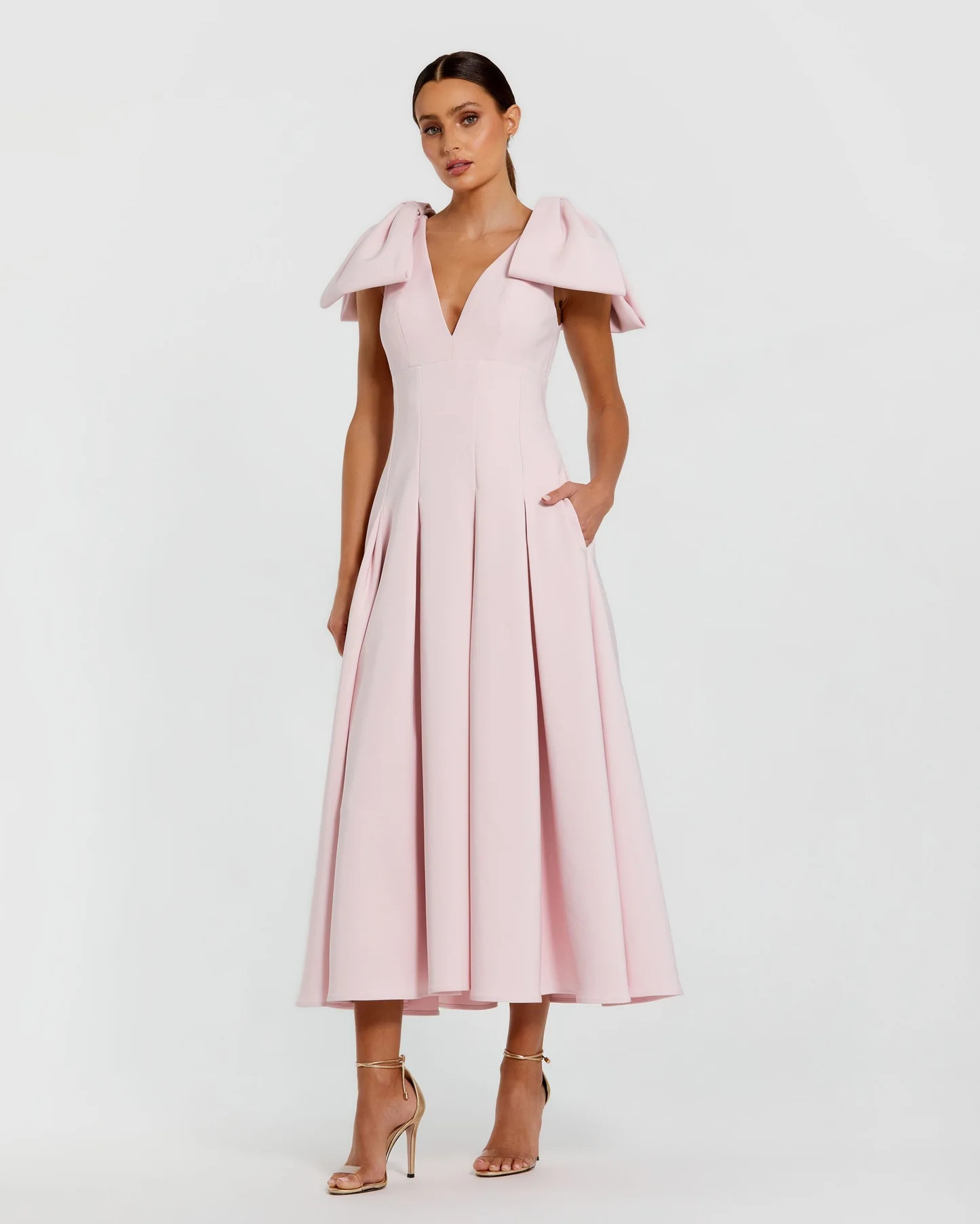 Pink Crepe A Line Midi Dress With Bow Straps - Mac Duggal | Mac Duggal