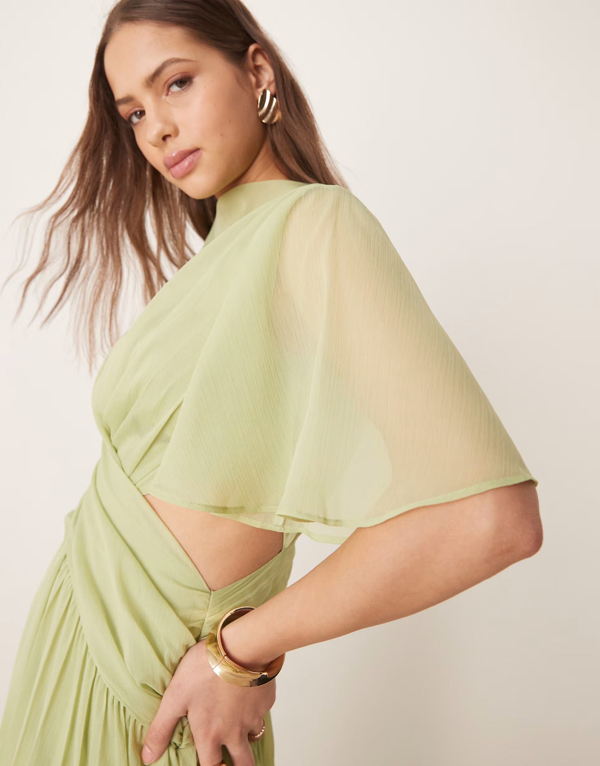 ASOS DESIGN cowl wrap front pleated midi dress with cut out in sage green | ASOS (Global)